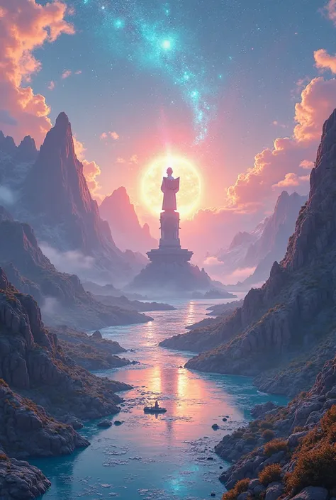 A breathtaking, futuristic world filled with vibrant colors and glowing landscapes. Majestic mountains touch the sky, rivers shimmer with a golden glow, and the sky blends soft pastels with brilliant stars. In the center, a symbol of wisdom — a grand statu...