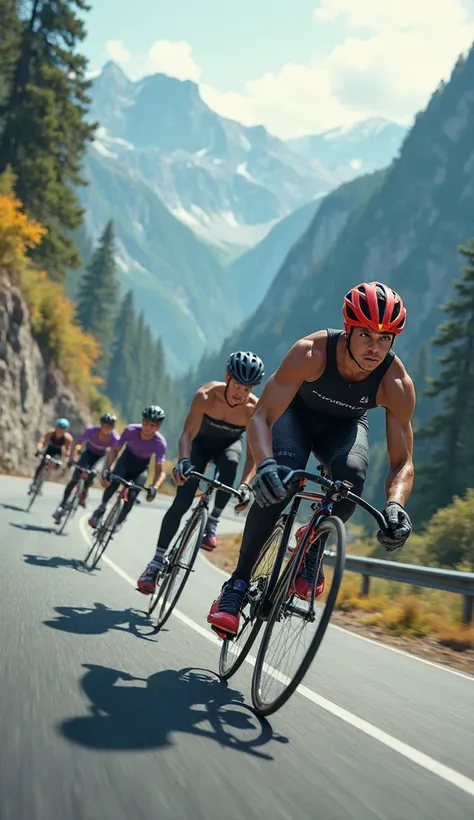 group of massive 20-year-old people descending using skates, on a highway at curvy speed, wearing black sportswear, colored wheels, colored helmet, knee pads, Gloves, on day, mountains, trees