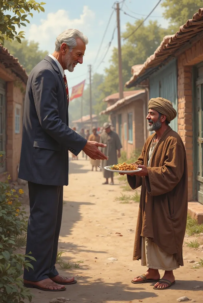 An image of a person handing food or money to a poor person, symbolizing charity and kindness, set in a community environment.
