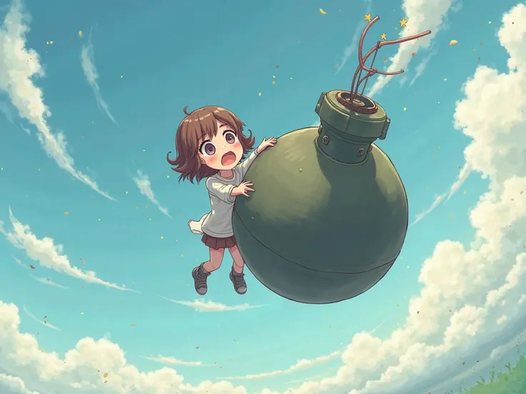 cute anime girl riding a bomb falling from the sky with a scared expression