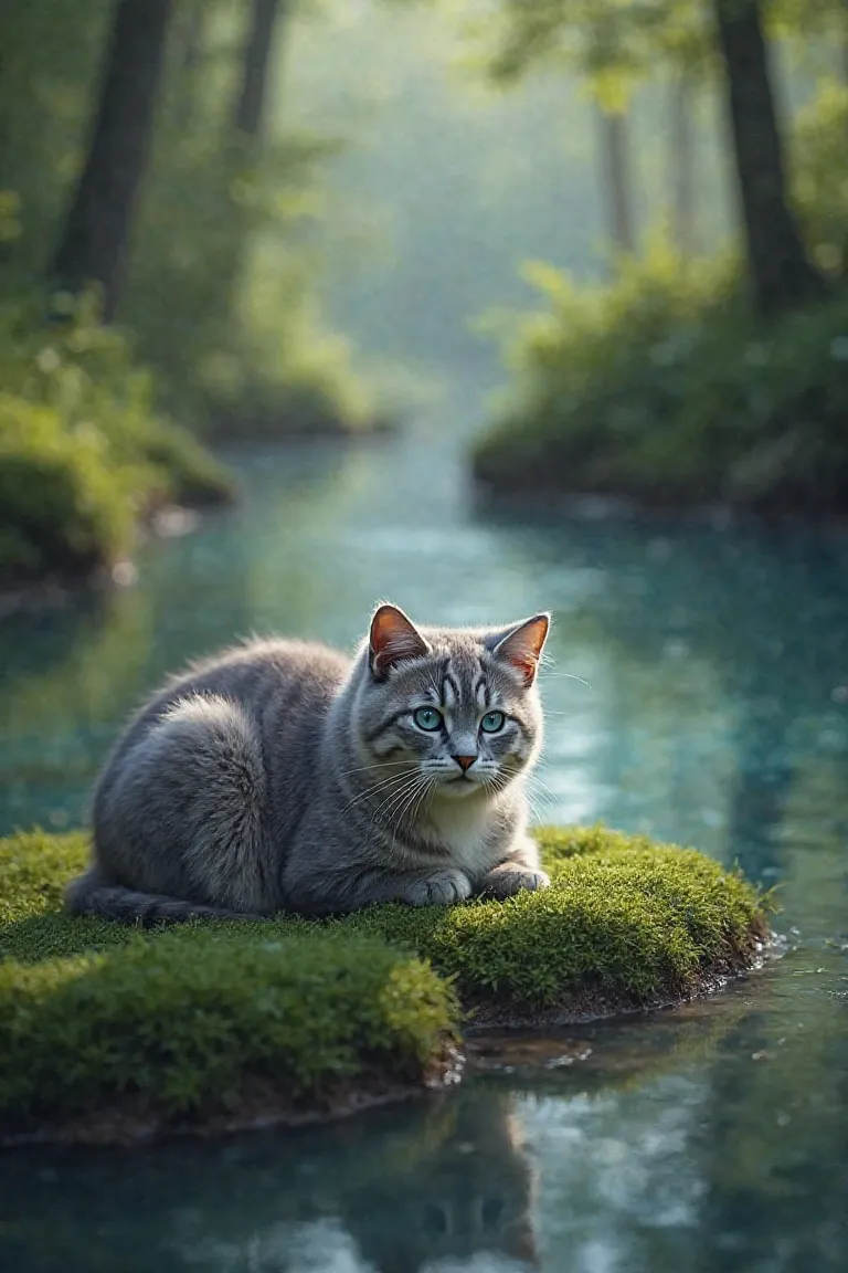 BELLE IMAGE un jeune chat au pelage gris-bleu clair et aux yeux bleus vaporeux qui se tient assis sur un carré d'herbe verte dans une belle forêt verdoyante et lumineuse, avec a côté de lui une belle rivière bleutée 