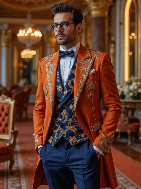 latest fashioned wedding reception grandest dark orange and blue coloured ultra premium designer three piece suit with Ari Designs