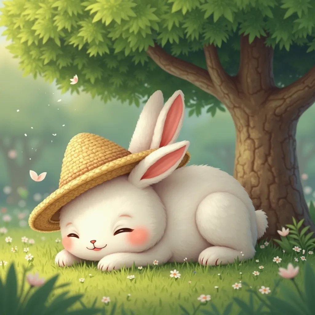 A humanized white egg rabbit is sleeping under a tree. He is wearing a straw hat that covers his face in a cartoon style.