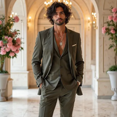  A European man ,  wavy black hair eclectic physique ,  muscular.  He wears a  african safari suit  consisting of blazer and tailoring pants  ,  who adds a casual touch to the look .  Her accessories include silver rings and a discreet necklace and are set...