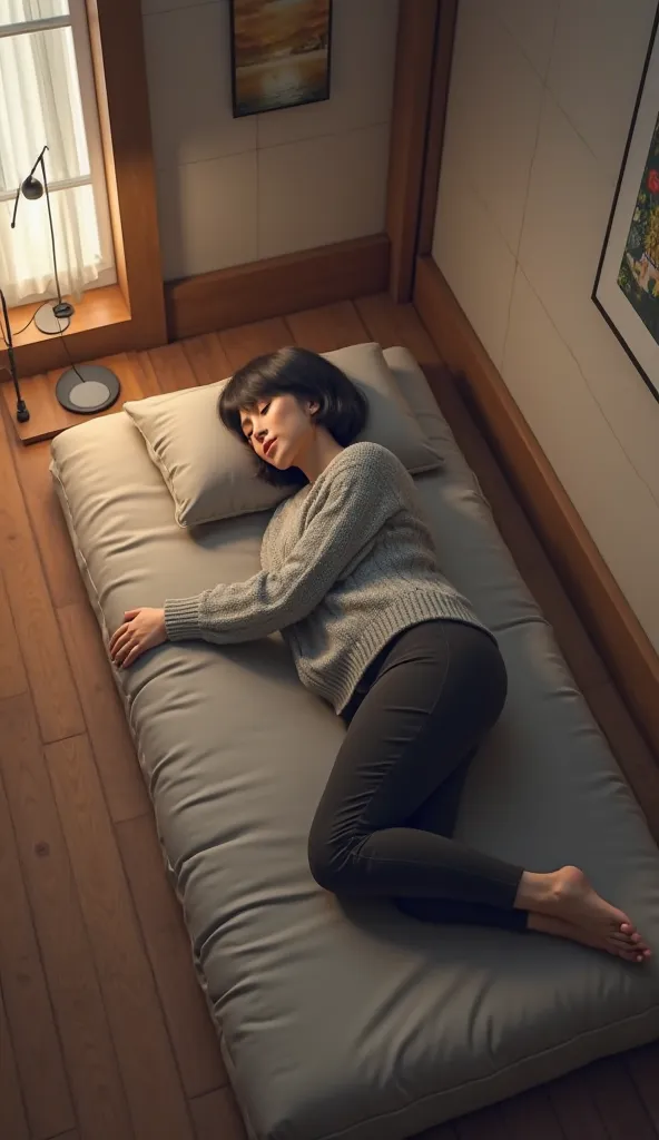 A 3D render of a short-haired woman sleeping on a futon in a Western-style room. The woman is wearing a gray sweater and black pants. The room has a wooden floor, a lamp on a table beside the futon, and a painting on the wall. The lighting is soft.