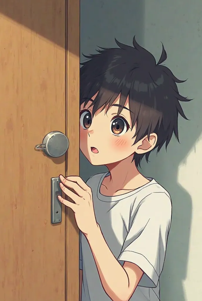 Anime boy putting his ear to the door