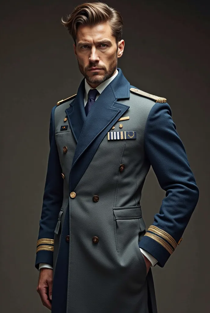 A 71, promotion coat that has a divine shell color with navy blue on the sleeves and on those sleeves on the left side two white stripes