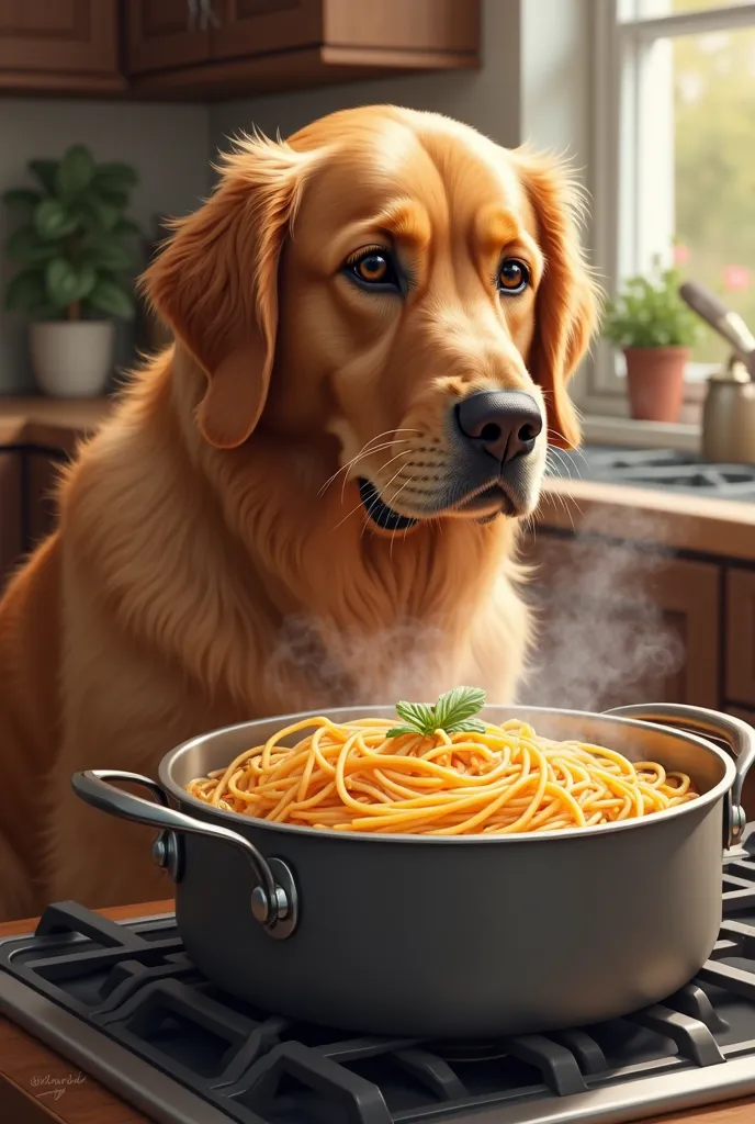 "A golden retriever dog carefully watching a pot of boiling water with spaghetti inside. A pinch of salt is added for flavor."