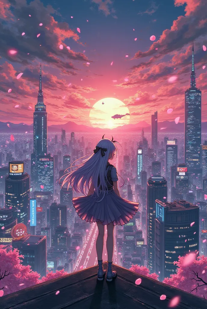 A stunning 4K anime scene featuring a futuristic city skyline at sunset, with vibrant neon lights glowing against a dark sky. A dynamic female character with flowing silver hair and a sleek futuristic outfit stands on a rooftop, gazing into the horizon. Th...