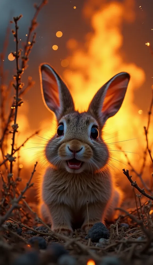 A close-up of a small, terrified rabbit with wide, glistening eyes, its fur reflecting the orange glow of flames. Behind it, dry bushes burn fiercely, with smoke curling into the night sky. The scene is chaotic, with embers floating in the air.