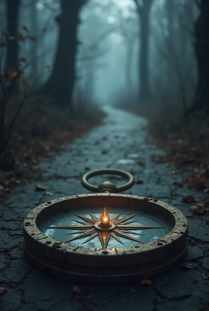 Dark image of a compass on a dark path