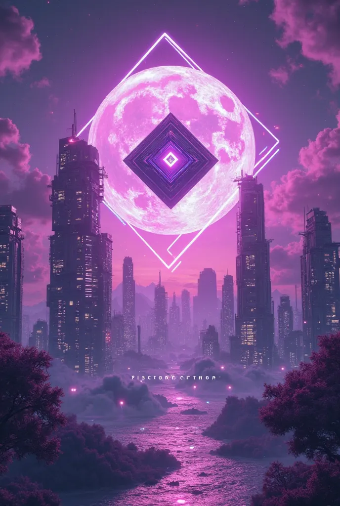 A stunning cyberpunk, futuristic cityscape set on planet Earth, bathed in vibrant shades of purple. Towering dreamlike buildings with glowing neon accents rise into the sky, surrounded by swirling purple clouds under a luminous purple moon. At the center, ...