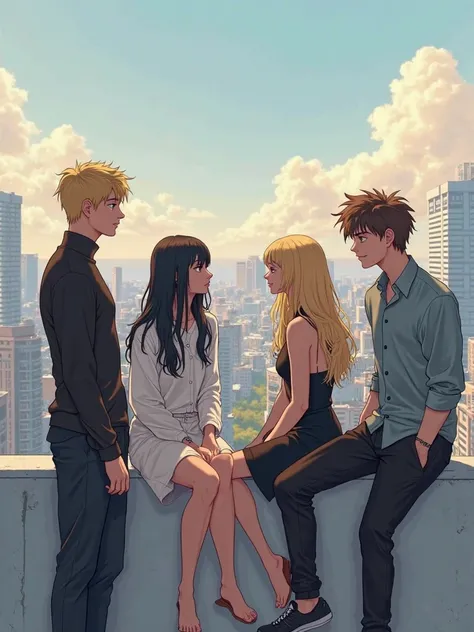 a group of people : 4 people. they're sitting on the roof of a high-rise building and talking. on the right is a tall blond, wearing a tight turtleneck and black loose pants. next to him is a girl just below with long black hair. wearing a white skirt and ...