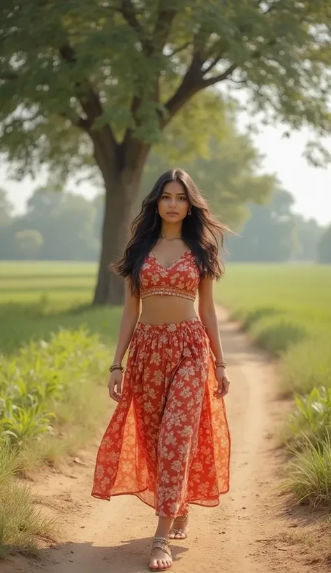 A stylish Indian girl in a fusion outfit – a crop top paired with a long flowing skirt – walking gracefully along a dirt path near a green tree in an open field. Her hands sway naturally, the wind brushing her hair across her face as she looks confidently ...