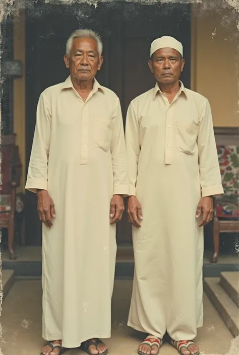 there are two men in white outfits standing next to each other, old picture, old damagaed polaroid photo, old photo, very very low quality picture, very old photo, momma and papa, traditional clothes, old color photograph, low quality photograph, barong fa...