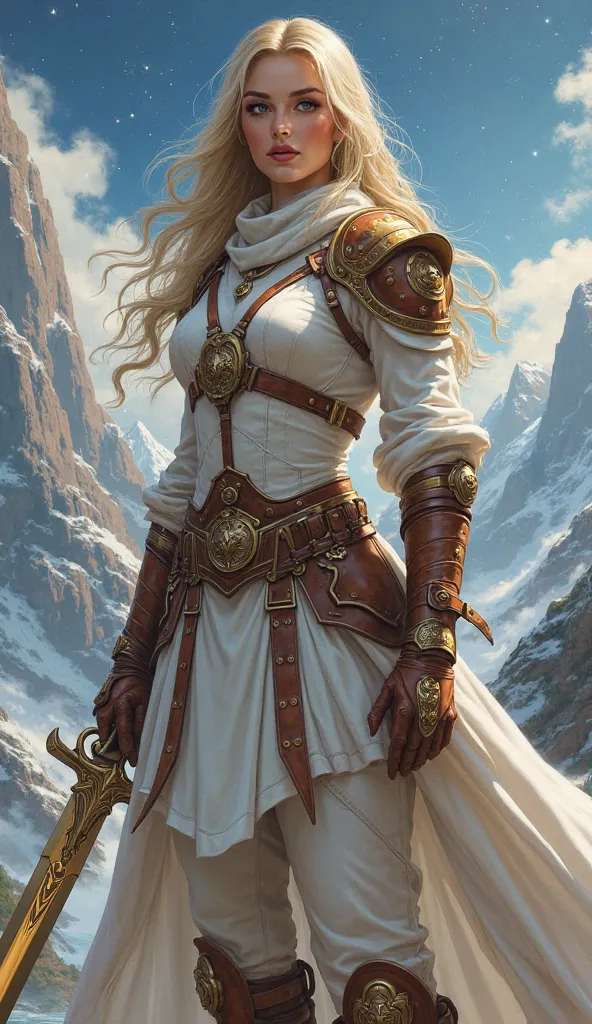 The Guardian of the Fantasy World
"A detailed depiction of a charismatic and courageous female warrior set in a fantasy world et. Let her clothes be signature in shades of white and brown, with leather details. Let the December of this character, who carri...