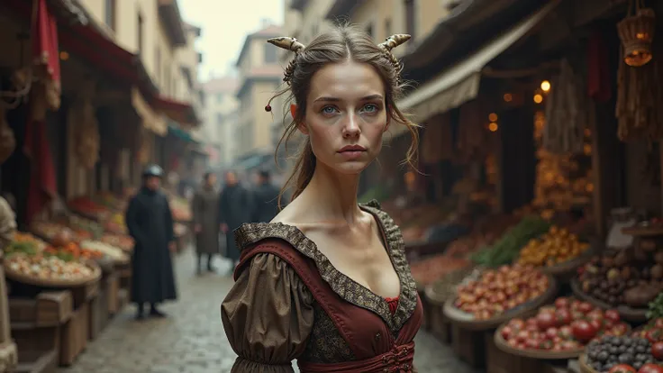 elderly 40 years old slim   woman , pale skin, shaggy big sharp  cone breasts, wear rich, medieval 14. century aristocrat clothes,   crowded medieval marketplace background