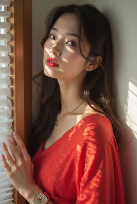 A beautiful japanese married Hindu woman wearing a red sleeveless saree.she makeup,red lips,she have very long black with brown hair,she have blue eyes,she like a angel style body style,hair in shoulder.she have Smart watch on her hand.she in the room.she ...