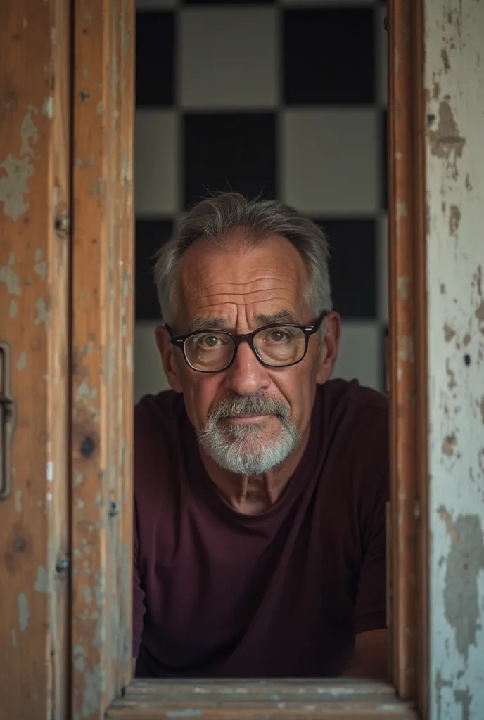 a 45 year old man,short hair,wearing a very small glasses,wearing a dark maroon t shirt,is peering from behind a slightly open wooden window.a white black checkered walls background