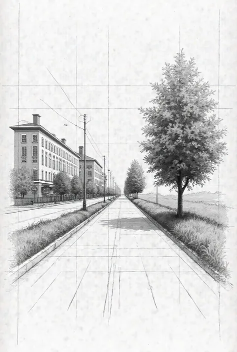  a realistic drawing ,   not so perfect , on a grid sheet where you apply types of perspectives, 
Where on the left there are buildings, in the middle of a road to the right a tree and behind the tree more buildings 