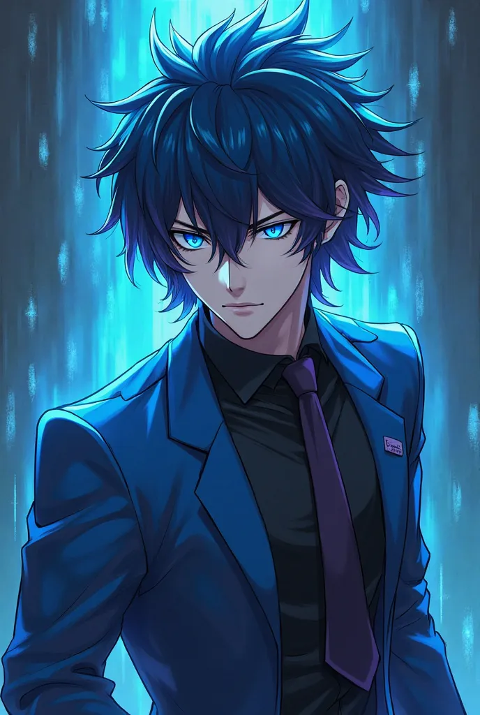 A blue lock character, men,  medium hair, Cyan blue eyes, strong, blue streak in hair