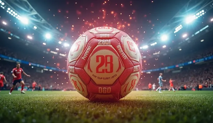 Create a striking image of the history of the Premier League.' In the center, place a bright soccer ball with prominent numbers around it (260, 213, 208, etc), representing the goals scored by the players. On the left, an iconic silhouette of Alan Shearer ...