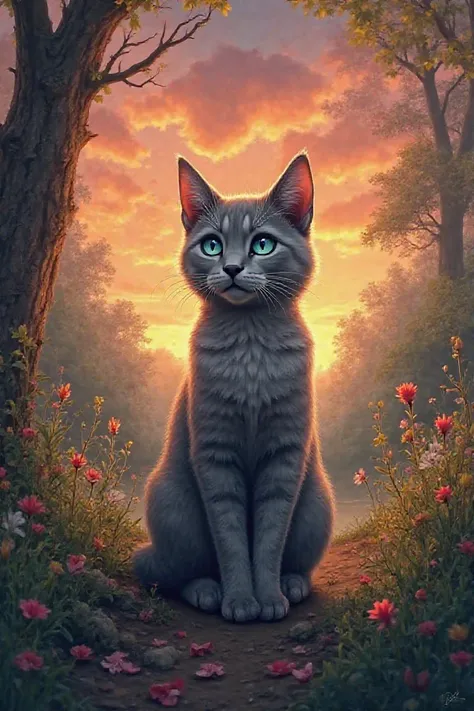 REALISTIC IMAGE: a realistic young cat with a grey-blue coat and wispy blue eyes that is standing at the edge of a green and flowery forest during a magnificent orange dusk  