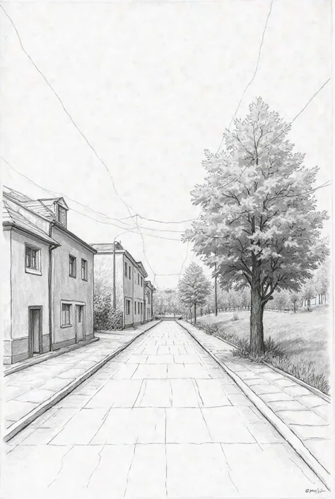 a drawing,   not so perfect , on a grid sheet where you apply types of perspectives, 
Where on the left there are buildings, in the middle of a road to the right a tree and behind the tree more buildings 