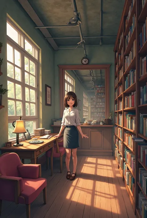 Create an image of a library in a school and a librarian working there who has the name Emi, that she is brunette and intellectual
