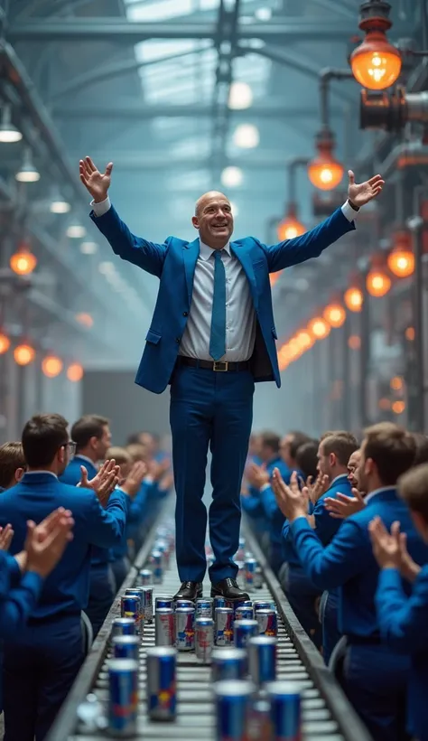 A small leader in a blue suit stands on a raised platform, waving his arms vigorously as he gives orders to his team. Below, tiny workers in blue and silver uniforms cheer and clap their hands, ready to start production. The factory is filled with glowing ...