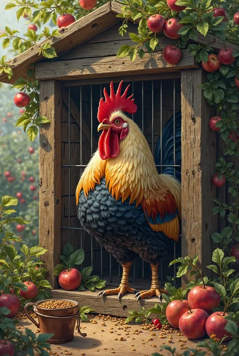 A rooster is in a big brown cage in a garden. There is a cup full of seeds in front of the cage. A cherry tree and apple trees full of apples are also in the garden.