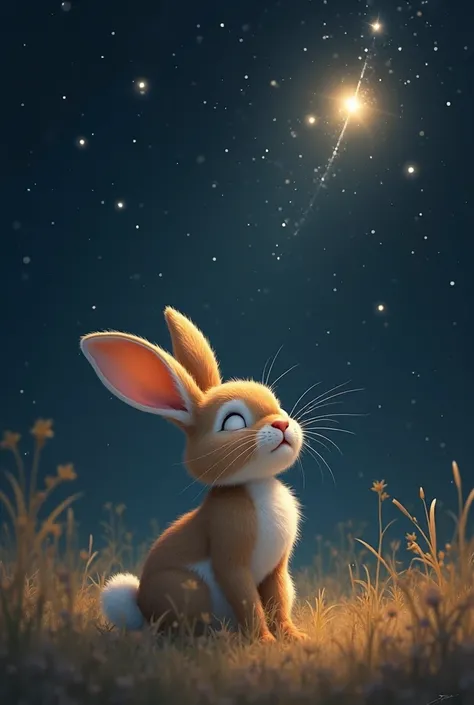 Leo bunny with eyes closed and a star crossed the sky!  amazed , Leo little rabbit closed his eyes and made a wish