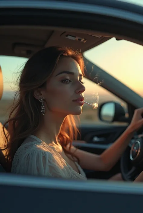 beautiful woman smokes while driving.