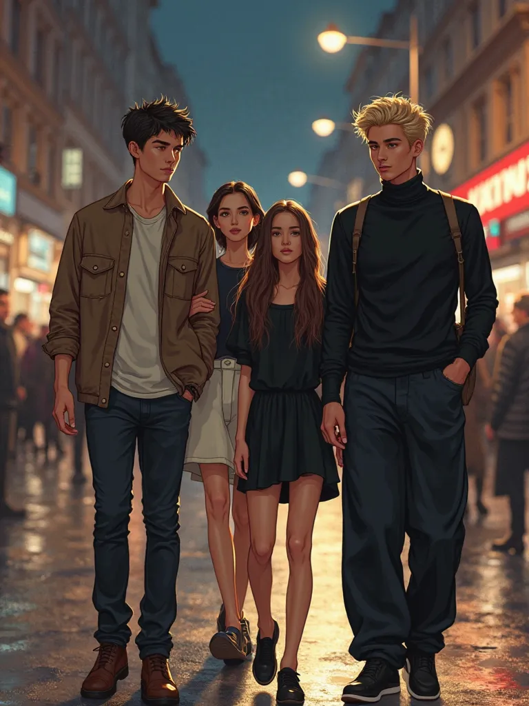 a group of people : 4 people. . on the right is a tall blond, wearing a tight turtleneck and black loose pants. next to him is a girl just below with black long hair. wearing a white skirt and shirt. next to her is a guy taller than her, brunette, wearing ...