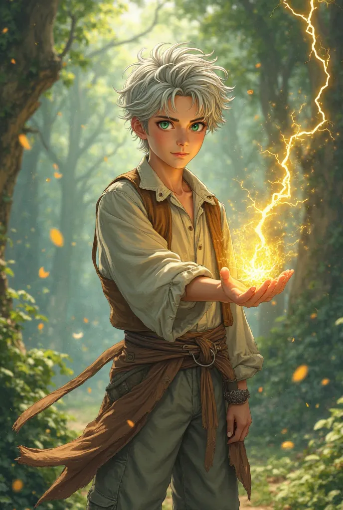 A silver young man with green eyes poses holding a yellow lightning bolt against the wind, wearing rustic clothes, in the forest, asking for an anime picture.