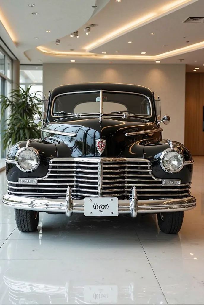 Fornt  view of painted (Gleamy creamy  black)with shiny clour  New ( 1940 Chrysler New Yorker )  Officially  sleek in large shape sedan in large size with ( 1940 Chrysler New Yorker    its large detailed grille in shiny white clour with angular sporty desi...