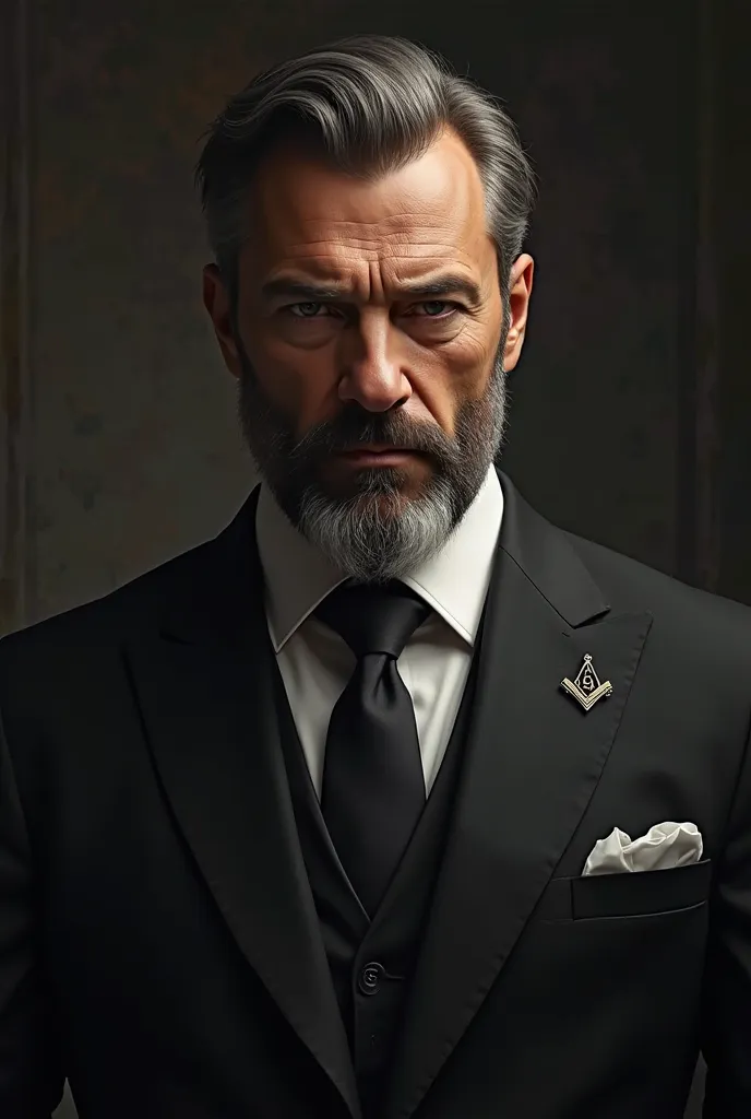 Ultra-realistic digital painting of a 50-year-old man with a strong, stoic, and defiant expression. He has a well-groomed beard, piercing and intense eyes full of determination. He is wearing a perfectly tailored black suit with a crisp white shirt underne...