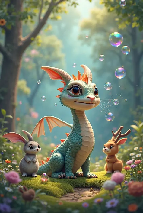 A friendly dragon with shimmering scales blows colorful bubbles into the air. Animals like rabbits, birds, and deer gather around him, safe and happy.