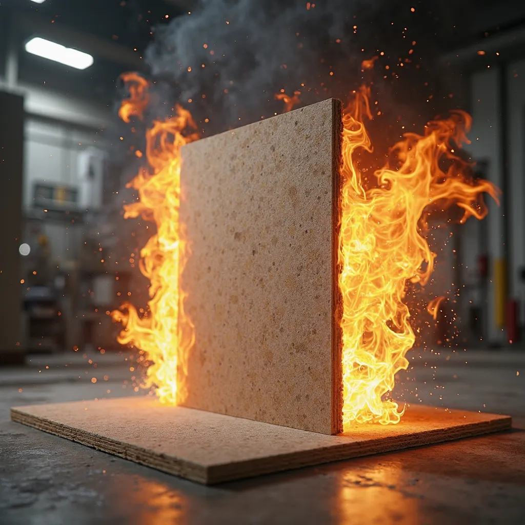 A highly realistic image of a modern MDF panel in black and white, demonstrating extreme fire resistance. Intense flames surround the panel from both sides, but they do not touch its surface. Instead, the fire is visibly repelled, creating a protective bar...