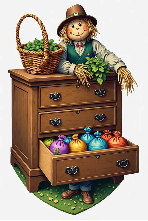 The shield depicts a dresser with a semi-open secret compartment, , which shows colorful bags of coins. Nearby is a wicker basket, filled with agricultural products. Above the dresser you can place a scarecrow with a bonnet on it, symbolizing its economy a...