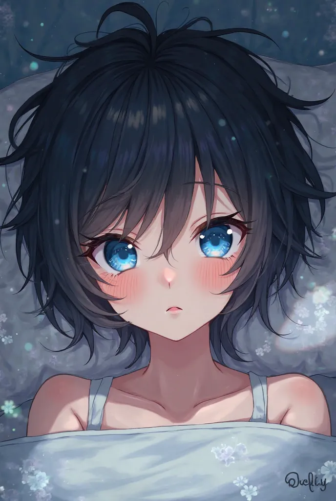 Black Hair Blue Eyes Anime Female，Just woke up ，frizzy hair