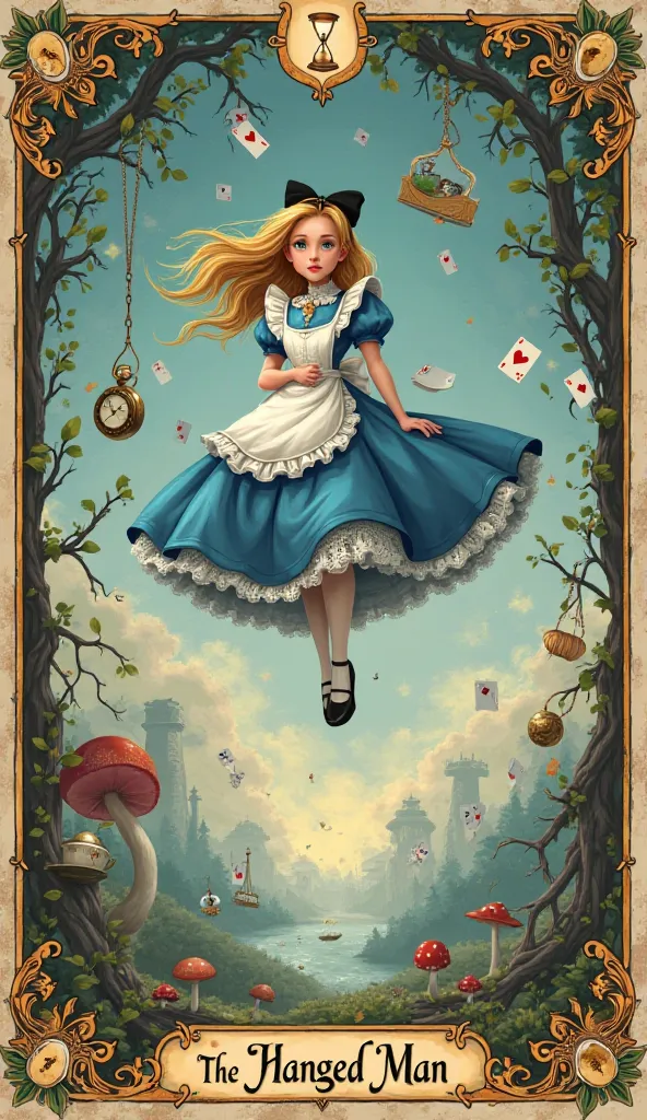 Create a semi-realistic, cartoon style, character design, super detailed, fantasy-inspired with high attention to detail of A surreal and whimsical depiction of Alice from Alice in Wonderland, reimagined as The Hanged Man tarot card. Instead of being physi...