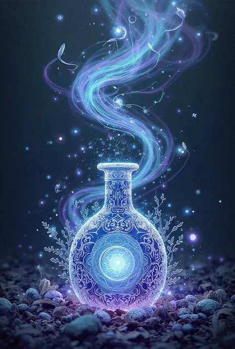 "Create an abstract, mystical design for a male pen name, 'The_Wandering_Ink.' The image should feature an enchanted ink bottle with swirling, glowing ink emanating from it. Surround the ink with soft, ethereal patterns and symbols that evoke a sense of wo...