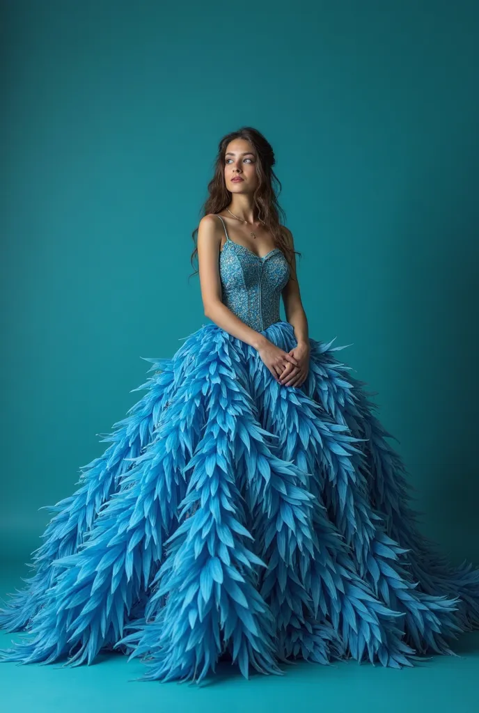 arafed woman in a blue dress with a large flower, teal studio backdrop, cyan photographic backdrop, blue swirling dress, wearing a magnificent dress, flowing gown, with teal clothes, full body photoshoot, long gown, real photoshoot queen of oceans, beautif...