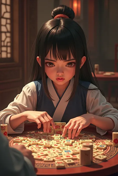 A girl playing mahjong is angry at being robbed of a 4-cylinder