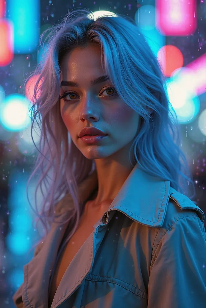  8k resolution,  A stunning young woman，With symmetrical facial features,  Clear amber eyes，Natural long eyelashes， soft facial contours ,  Healthy, rosy complexion，With wavy silver hair with blue gradient highlights,  Wearing a futuristic trench coat，Stan...