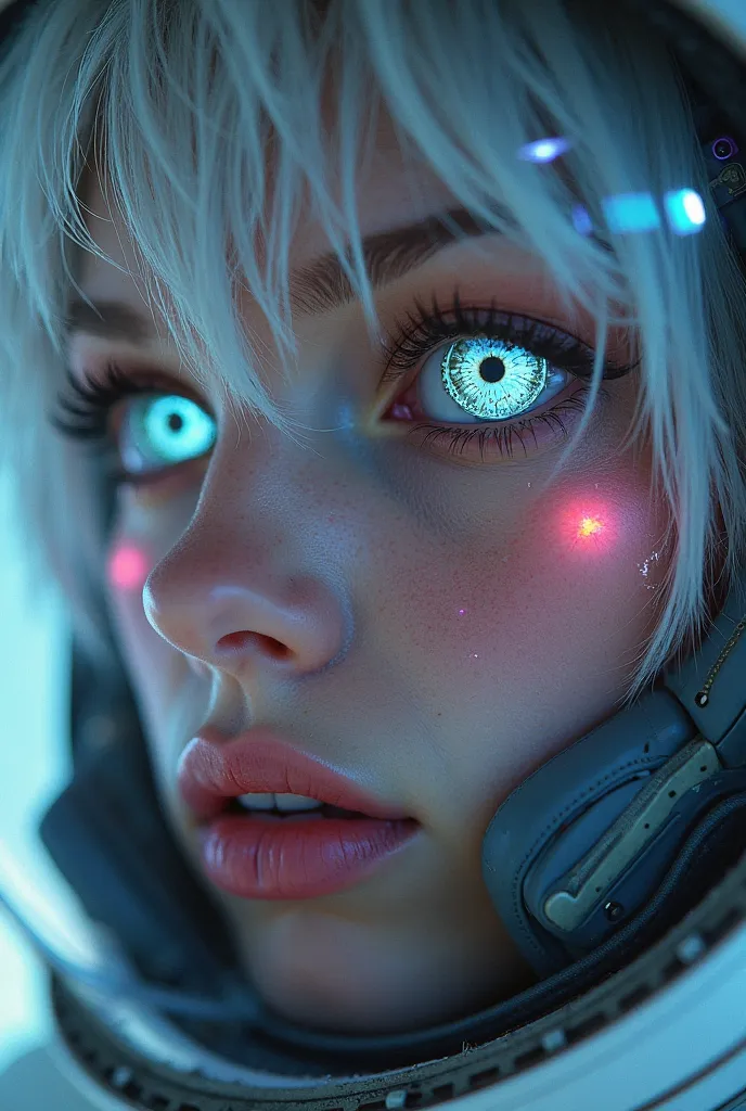 (Close-up of a better masterpiece:1.5)0.9], (Space and astronauts:1.2) (Messy silver hair:1.1) (Heterochromia xanthochromia and blue eyes:1.2) (Space Helmet:1.0) (Colored stars in the eyes:1.0) (A radiant glow:1.1) (thick lips:0.9)