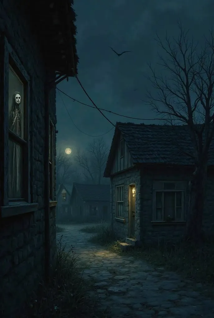 **SCENE 10 – EXT. VILLAGE – NIGHT**
*Image Prompt:* Lucas points his camera toward a window of a nearby house. A gaunt figure with hollow, black eyes peers out, only to vanish an instant later.