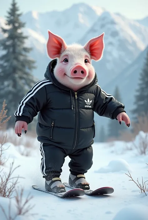 pig in adidas black and winter sports uniform