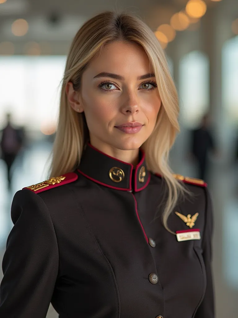 A photorealistic portrait of a female first officer wearing a Qatar Airways official uniform. She has long, straight blonde hair and deep black eyes, exuding confidence and professionalism.  The lighting is soft and natural, highlighting her facial feature...